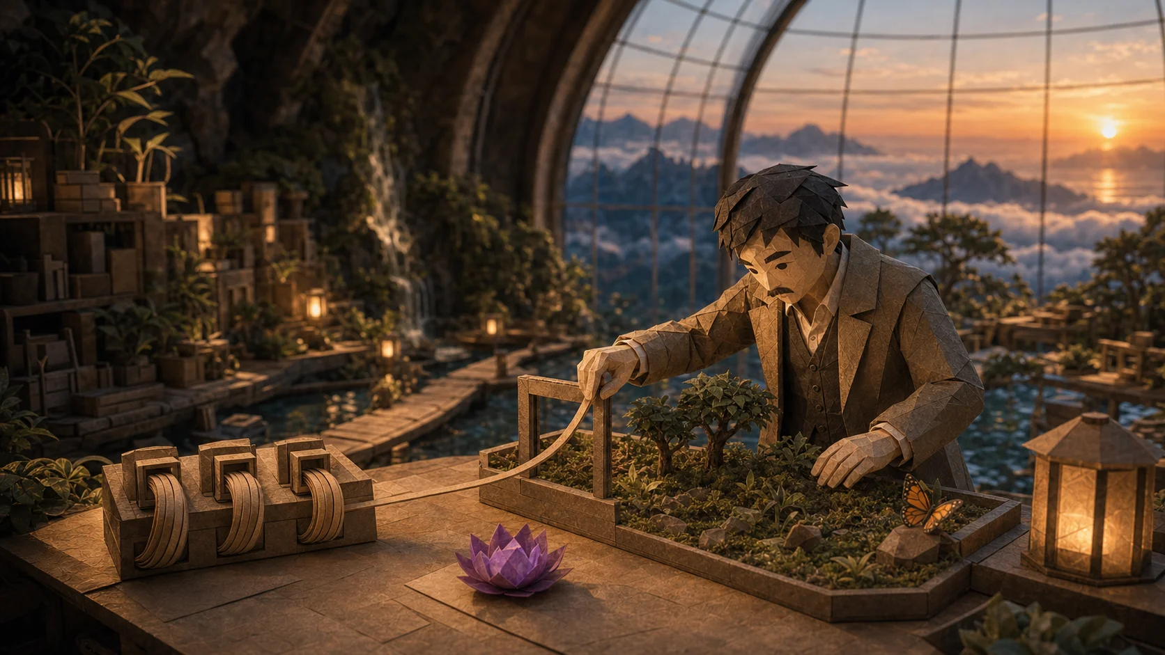 A learner tends a living miniature landscape as a butterfly emerges inside the Glasshouse.